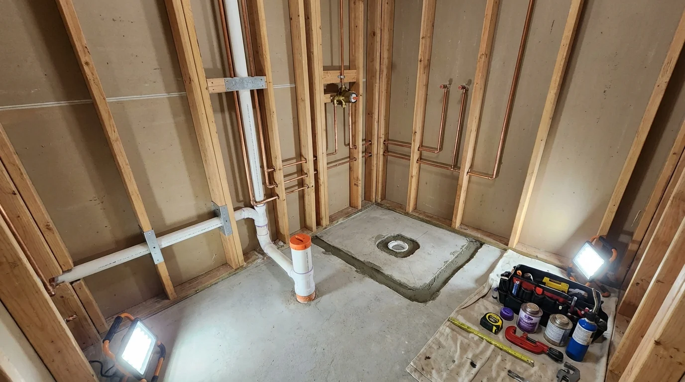 Bathroom rough-in plumbing during remodel by Johns Plumbing LLC in Greensburg