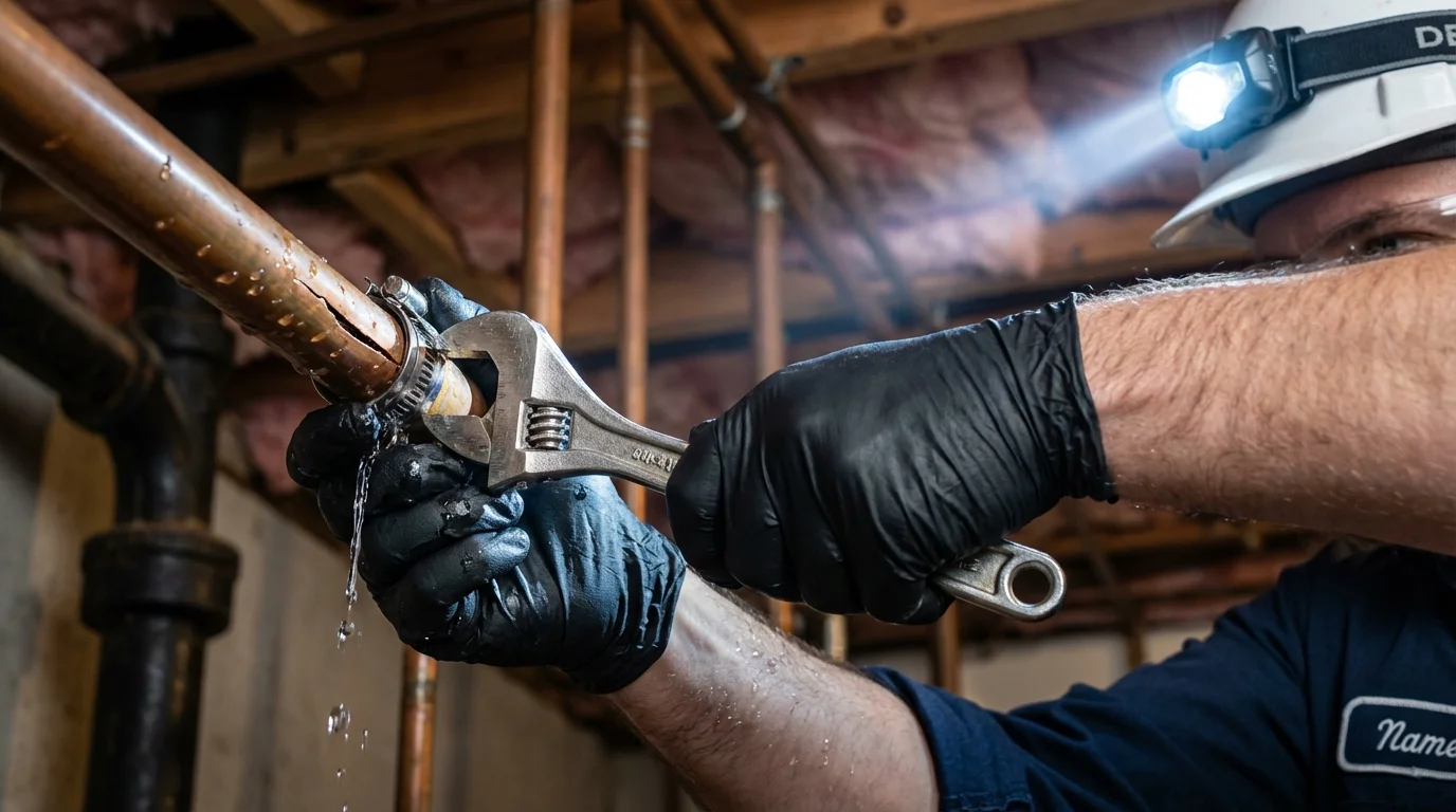 Emergency pipe clamp repair being performed by a Johns Plumbing LLC plumber in Greensburg