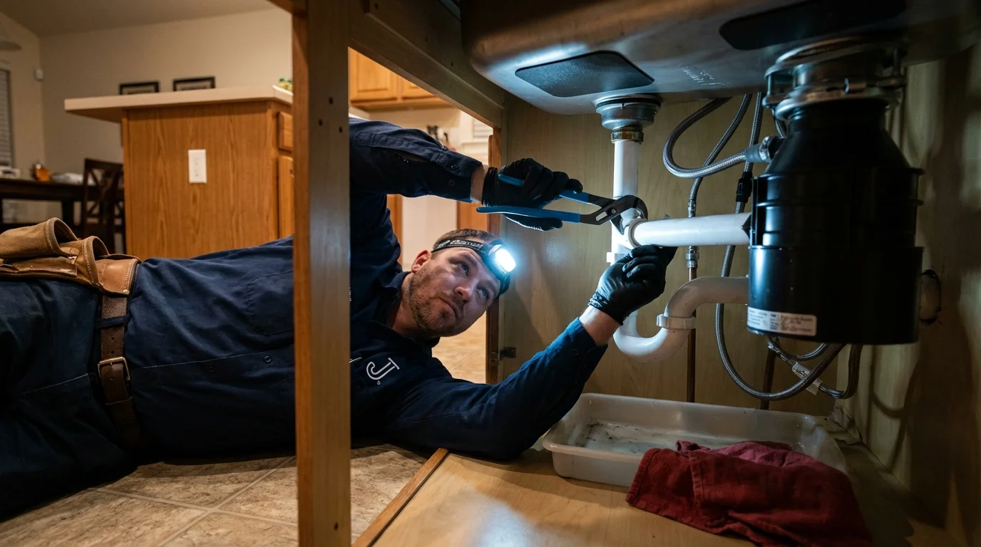 P-trap and supply line connections under a kitchen sink showing a common leak point in Greensburg, PA